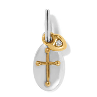 A silver-plated charm with a gold-tone cross and a small diamond in the center, attached to a metal ring. Brighton Faithful Charm