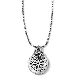 An adjustable silver necklace with a lobster claw closer. Brighton