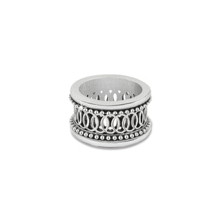 A silver-plated ring with geometric design and beaded details, resembling a architectural element reminiscent of the Siena Duomo. Brighton