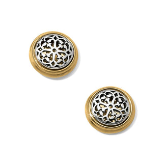 A pair of three-dimensional, two-tone post earrings with a geometric motif design, in gold and silver colors. Brighton
