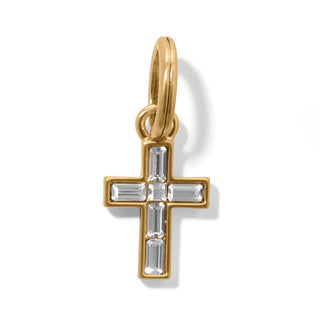 A gold-plated cross charm with clear crystals set along its frame. Brighton