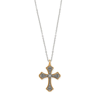 A silver-gold colored necklace with an adjustable lobster claw closure, featuring a cross-shaped pendant. Brighton