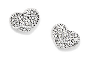 A pair of heart-shaped post earrings with fine pave crystals. Brighton