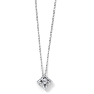 A silver-plated necklace with a lobster claw pendant featuring a central cubic zirconia surrounded by smaller clear crystals, giving the illusion of a kaleidoscope effect. Brighton