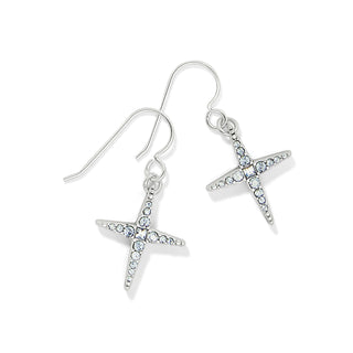 A pair of silver-colored French wire earrings with handset fine crystals, in a light feminine touch, displayed against a white background. Brighton