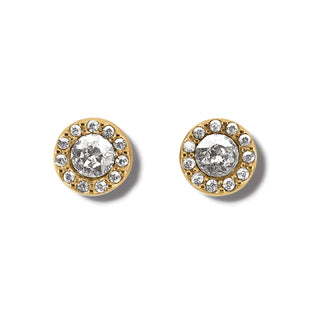A pair of gold post earrings with silver-colored flat disc backs, adorned with small crystals. Brighton