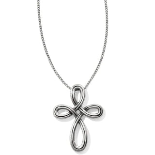 A silver-colored interlock cross necklace on a chain, displayed against a white background. Brighton