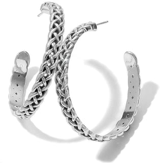 A pair of silver-plated hoop earrings with a Celtic knot design, featuring a post with flat disc back. Brighton