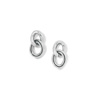 A pair of silver-plated Brighton Interlok chain post drop earrings with flat disc back.