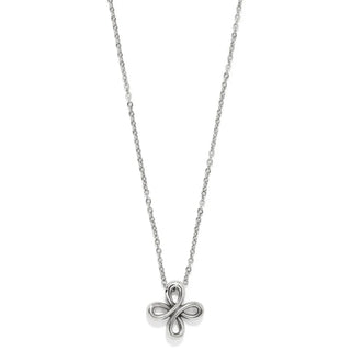 A silver-plated metal necklace with a lobster claw closure, featuring a flower-shaped pendant. Brighton