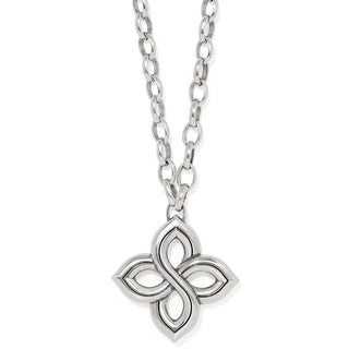 A silver-plated floral knot pendant necklace with a lobster claw closure.