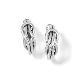 A pair of silver hoop earrings with a Hercules knot design. Brighton