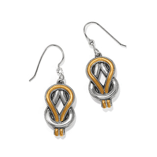 A pair of two-tone French wire earrings with a geometric knot design, silver and gold in color. Brighton Interlok Harmony Two Tone French Wire Earrings