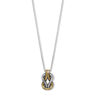 A two-tone necklace with a silver and gold color scheme, featuring a geometric pendant drop design. Brighton