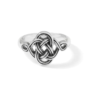 A silver-colored ring featuring a Celtic knot design, signifying eternal friendship and love. Brighton