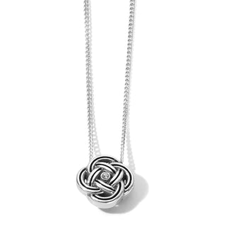 A silver-plated mini necklace with a Celtic knot symbol pendant and a lobster claw closure. Brighton