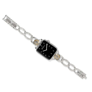 A two-tone metal watch band with a chain style design, featuring a knot emblem as the center link, and a fold-over clasp. Brighton Interlok Noir Two Tone Watch Band