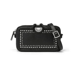 Black studded handbag on a white background. Brighton Jay Camera Organizer in Black