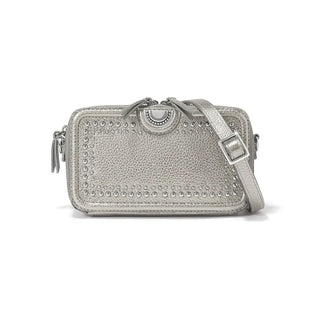 Silver studded handbag on a white background. Brighton Jay Camera Organizer in Titanium