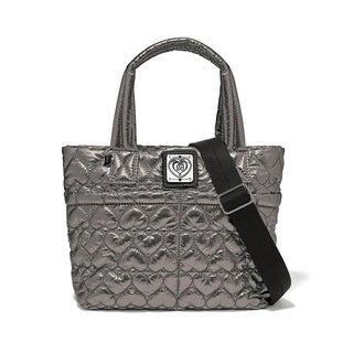 Silver quilted handbag with a strap on a white background. Brighton Kamille Metallic Cross Body Bag in Pewter