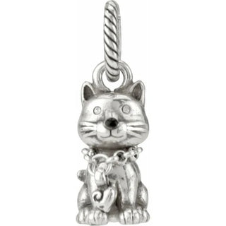 A silver-plated cat charm with a heart-shaped tag, designed for jewelry making. Brighton