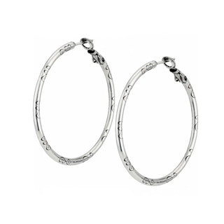 A pair of silver plated hoop earrings with a small circular charm attached to the hoop. Large Hoop Charm Earrings