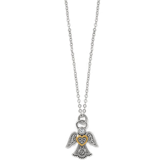 Silver angel pendant necklace with a heart on a white background. Brighton Loving Angel Necklace