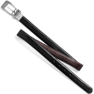 A reversible leather belt with a silver-plated buckle, featuring black and bronze color options. Brighton