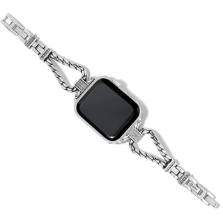 A silver-colored metal band for an Apple Watch with a black pave-crystal accented barrel and rope motif, featuring two fold-over clasp extenders. Brighton