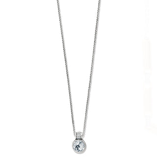 Silver-colored necklace with a lobster claw closure, featuring a round solitaire pendant. Brighton