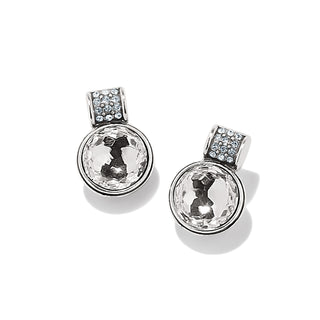 A pair of silver-colored post earrings with a flat disc back, featuring fine quality crystals. Brighton
