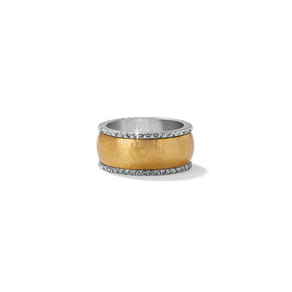 A gold-plated band ring with highlighted hand-set crystals on a white background. Brighton