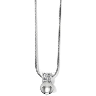 A silver-plated necklace with a smooth chain and a square-shaped pendant featuring fine quality crystals. Brighton