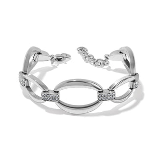 Silver bracelet with interlocking links on a white background. Brighton