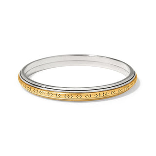 A two-tone bracelet with etched designs, featuring a combination of silver and gold colors.