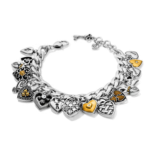 A silver-plated chain bracelet featuring various heart-shaped charms, including some with intricate designs and gold accents.