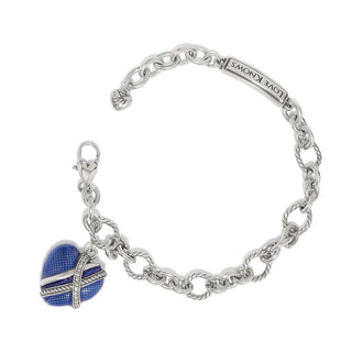 A silver-colored bracelet with a lobster claw closure featuring a heart-shaped charm.