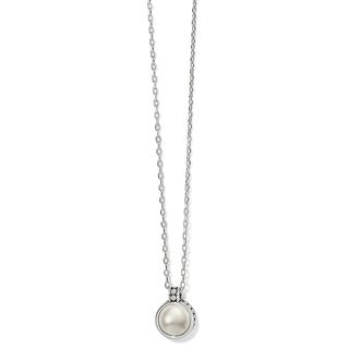 A silver-plated necklace with a lobster claw pendant, featuring a fine quality glass pearl cabochon. Brighton