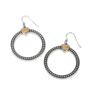 Pair of hoop earrings with heart-shaped charms on a white background. Brighton Pretty Tough Bold Heart Two Tone French Wire Earrings