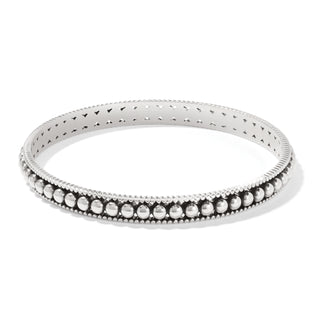 A silver-plated bracelet with a geometric pattern of connected silver beads along its length. Brighton Pretty Tough Pierced Slim Bangle