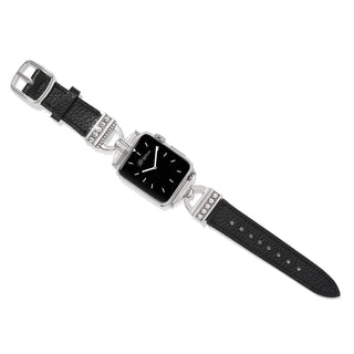 A reversible leather watch band with a silver plated closure buckle, featuring a black and white color reversal design. Brighton