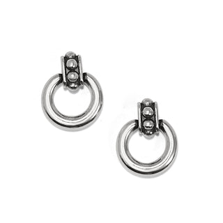A pair of silver-colored stud earrings with a flat disc back. Brighton