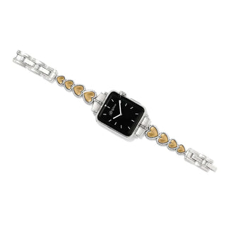 A two-tone heart-shaped watch band with a fold-over clasp, designed for an Apple Watch.