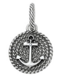 A silver-plated, Swarovski crystal anchor charm with a rope-like pattern around it. Brighton