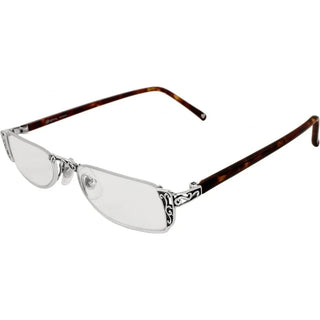 A pair of eyeglasses with a silver frame and clear lenses, featuring decorative elements on the sides. Brighton