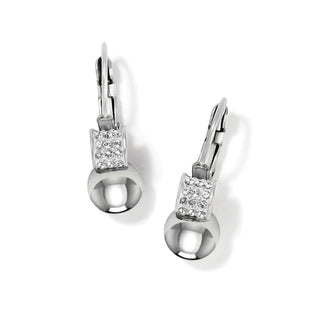 A pair of silver leverback earrings with a small spherical charm and crystal embellishments. Brighton