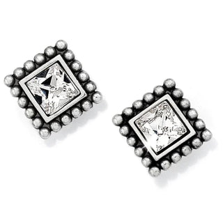 A pair of square-shaped mini post earrings with silver plating and sparkle embellishments. Brighton