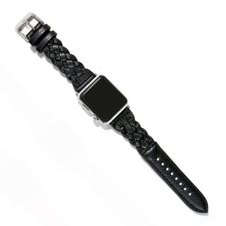 A black braided leather Apple Watch band with a silver buckle and clasp, displayed on a white background. Brighton