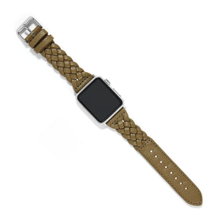 A olive green, hand braided leather Apple Watch band with a silver buckle and clasp, displayed on a white background. Brighton