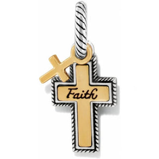 A two-tone charm with a gold and silver color scheme, featuring an inscribed cross with the word 'Faith' on it. Brighton True Faith Charm